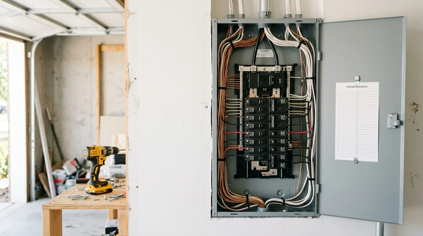 A new gray breaker panel on white garage drywall, cover open, wiring dressed neatly