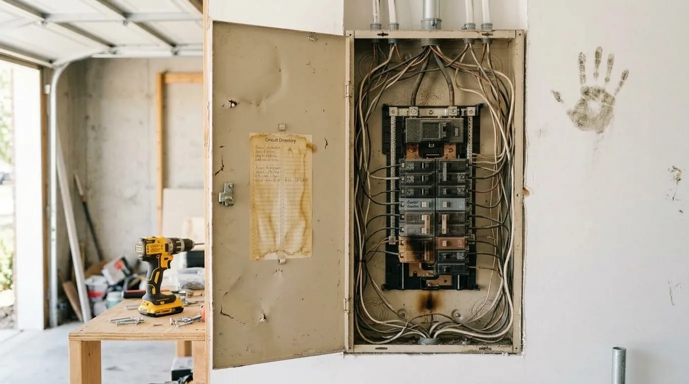 The same garage wall with an old, dented beige breaker box