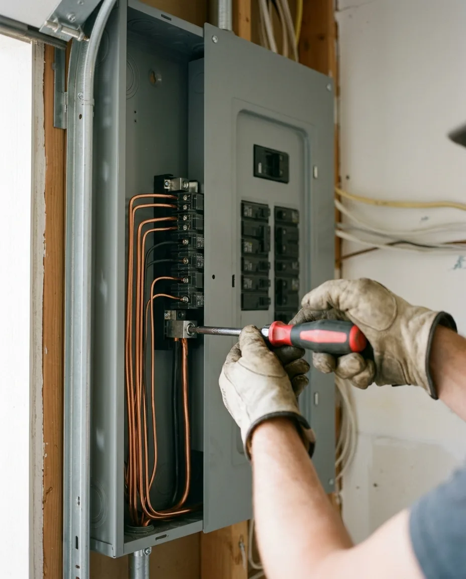 A gloved hand turning a torque screwdriver on a breaker lug inside a new gray panel, copper conductors dressed straight