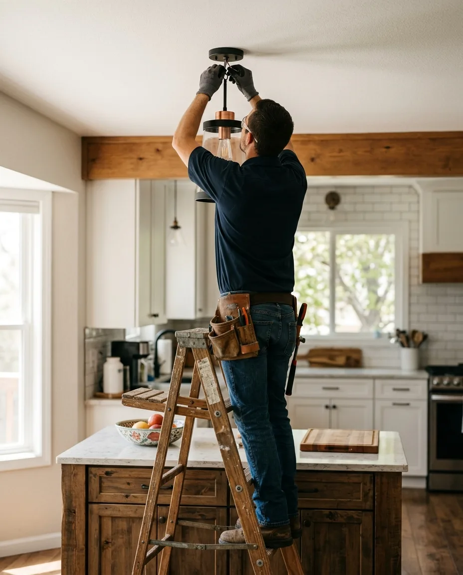 A pendant fixture being connected over a kitchen island from a short step ladder