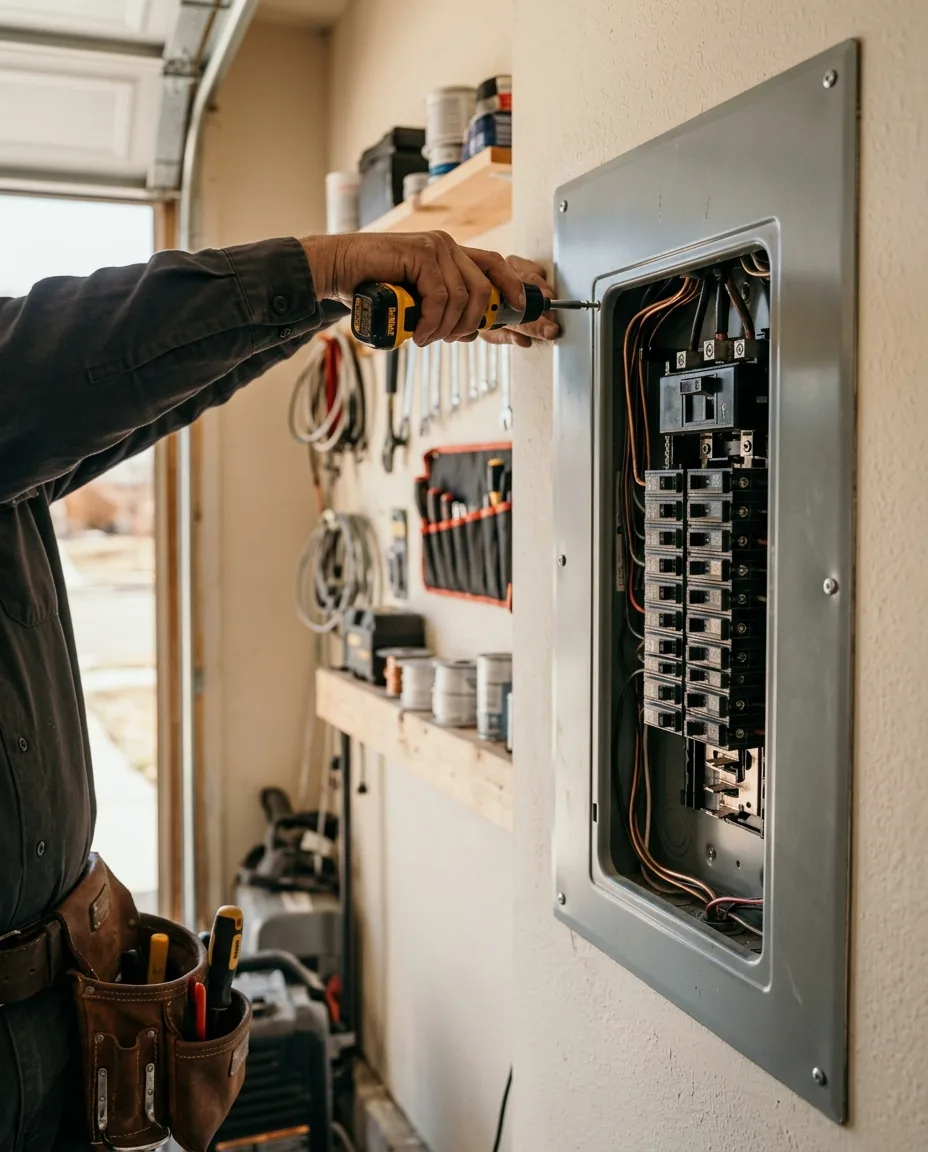 Hands tightening the front cover onto a finished breaker panel with a cordless screwdriver