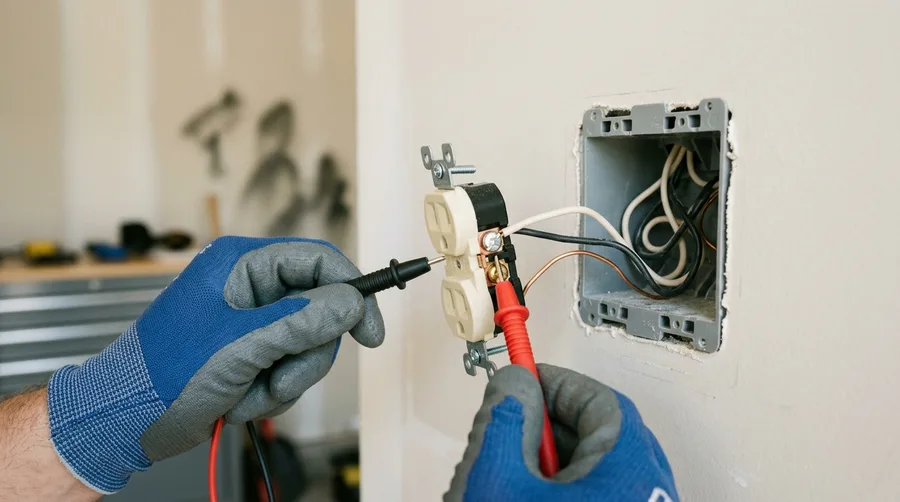 Multimeter probes held to the terminals of a pulled outlet, wires in the wall box behind
