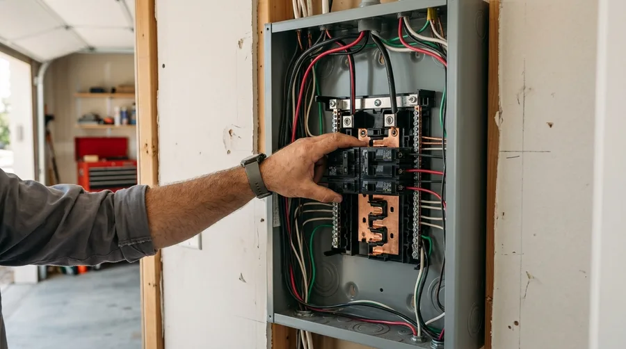 A new gray 200A panel mid-install, cover off, a breaker being seated