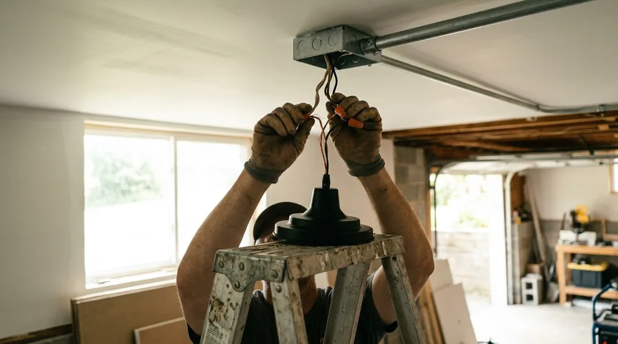 Looking up at a black pendant fixture being connected to a ceiling box