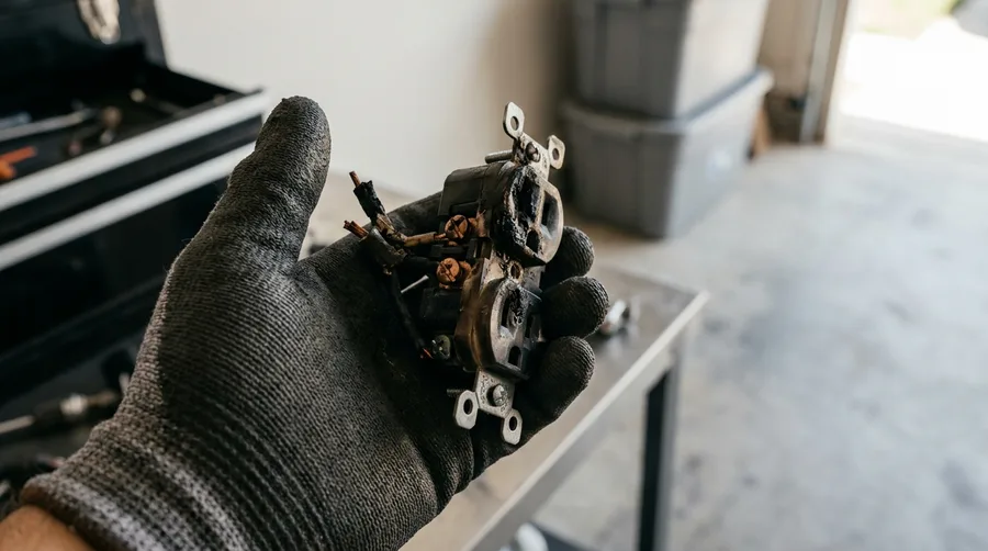 A scorched, removed outlet in an insulated gloved palm, the melted terminal in focus