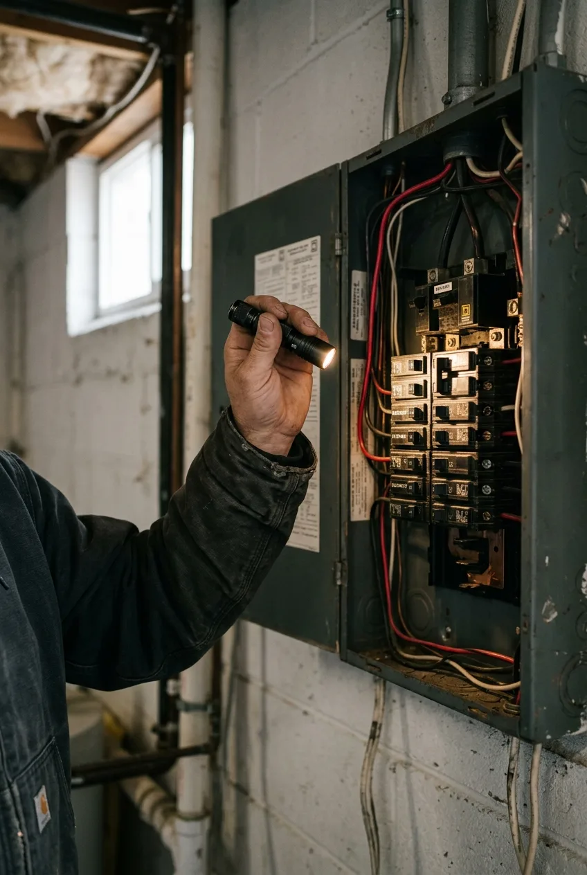 A small flashlight beam falling across the breakers of an open panel in a dim basement