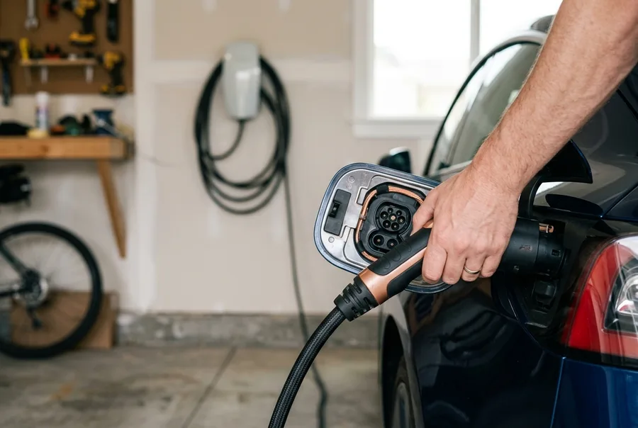 An EV charging connector going into a car's charge port, the wall charger behind